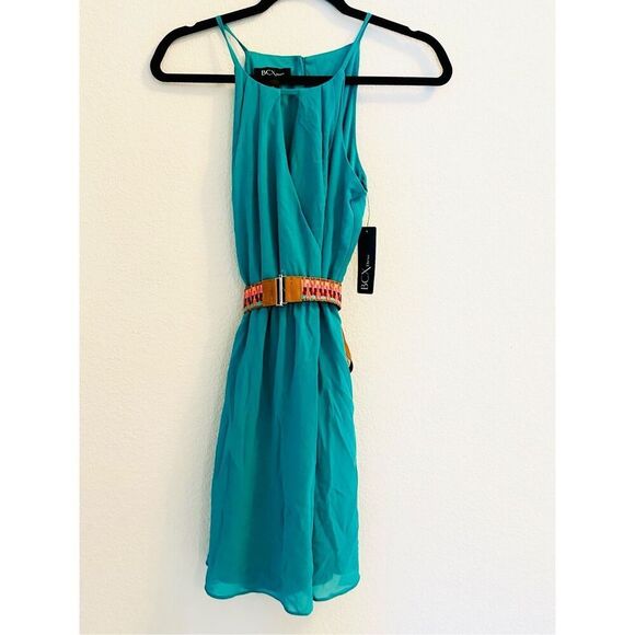 NWT BCX Juniors Women's blue/green Belted Pullover Chiffon Halter Fit & Flare Dr - Picture 3 of 13